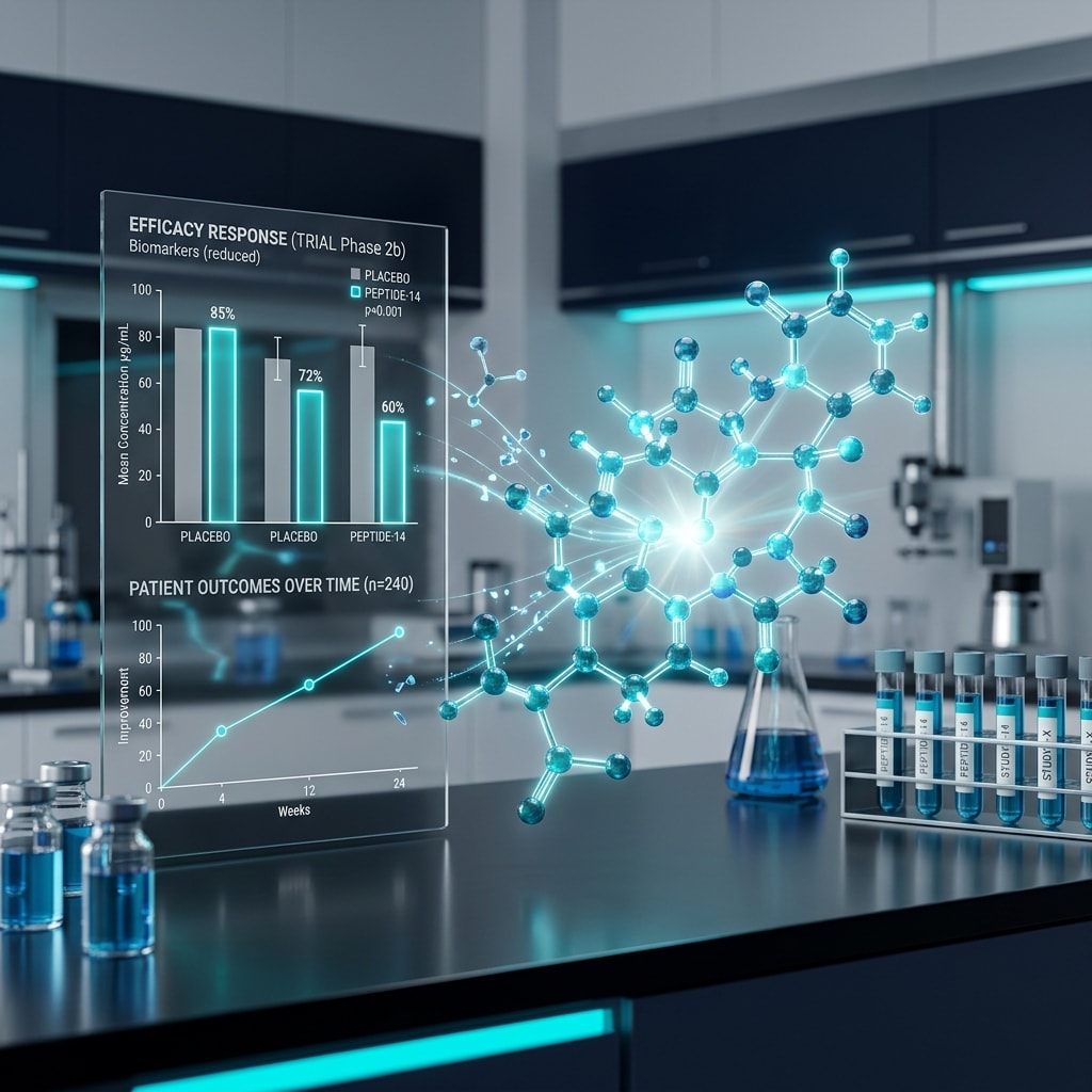Research vial surrounded by clinical trial charts and molecular models