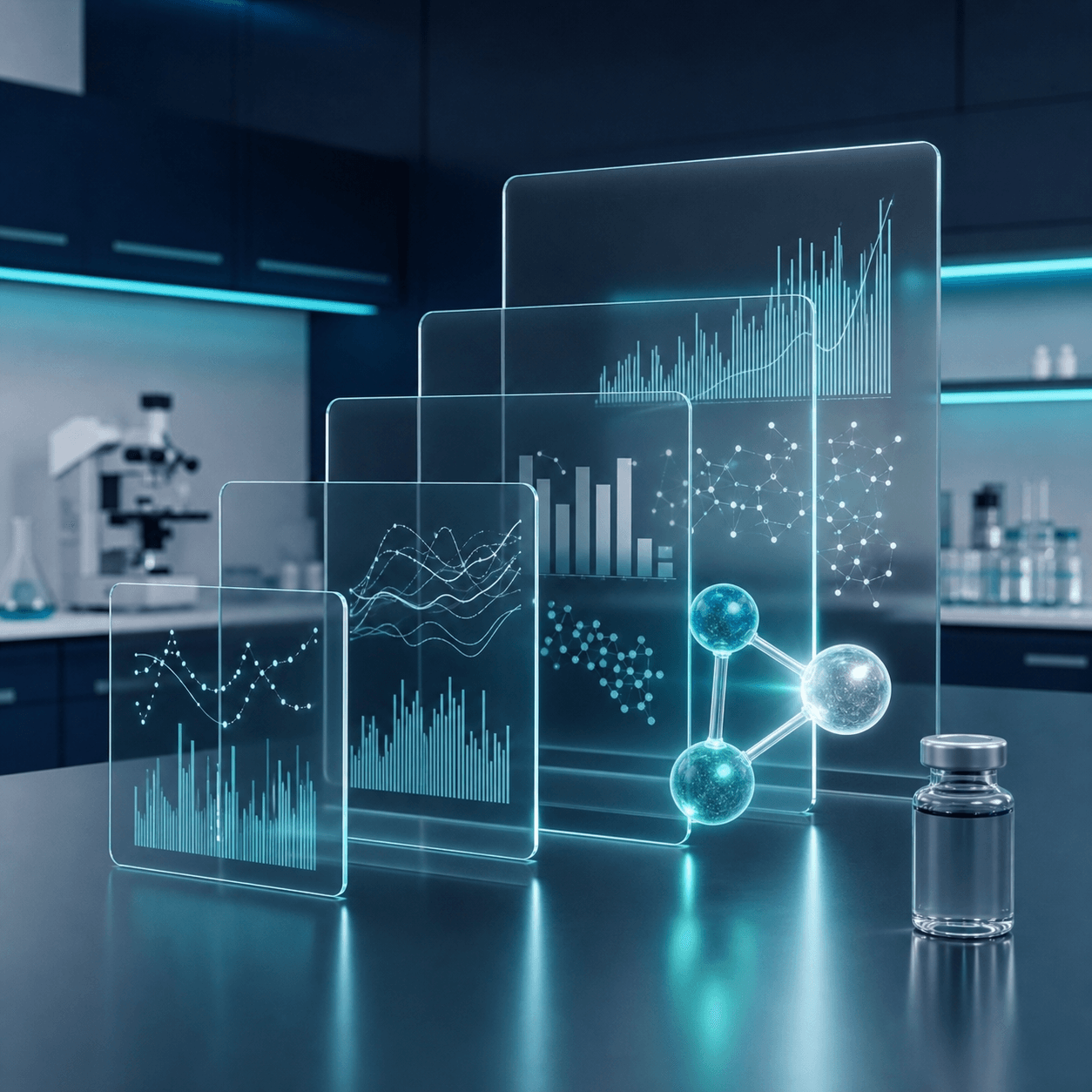 Clinical research visualization with layered charts, molecular models, and an unlabeled research vial