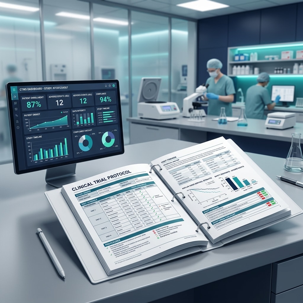An open research protocol beside laboratory flasks and study charts